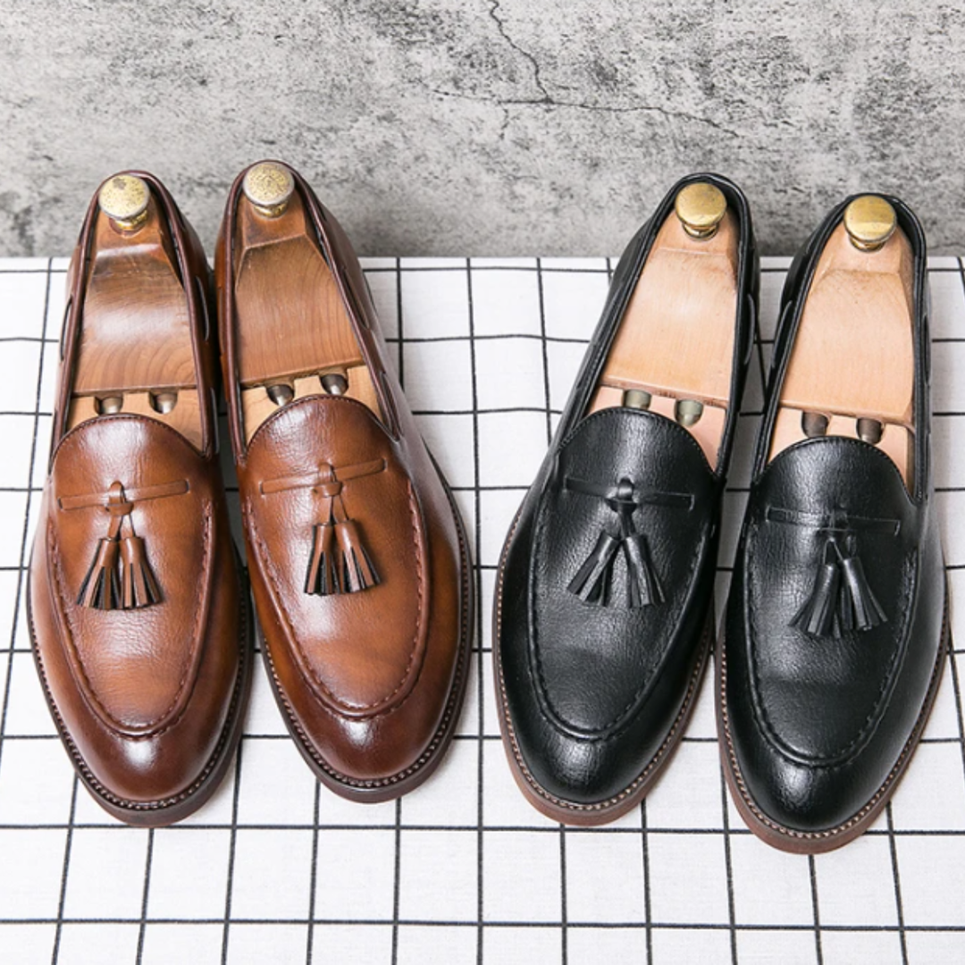 The Hawthorne Park Men’s Pointed Toe Tassel Leather Slip On Loafers