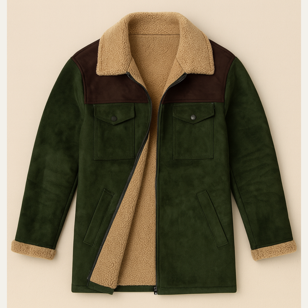 Men's Suede Sherpa Lined Jacket Olive Green Chest Pockets