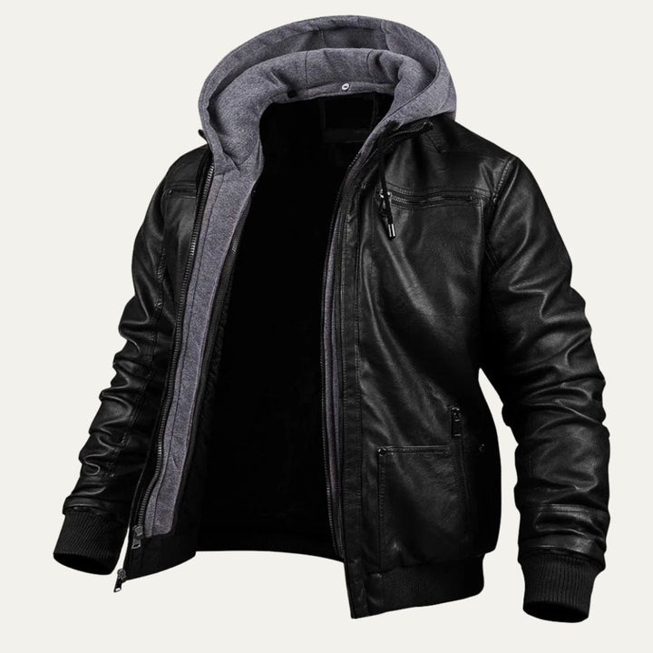 Men's Leather Jacket Black Hooded Bomber