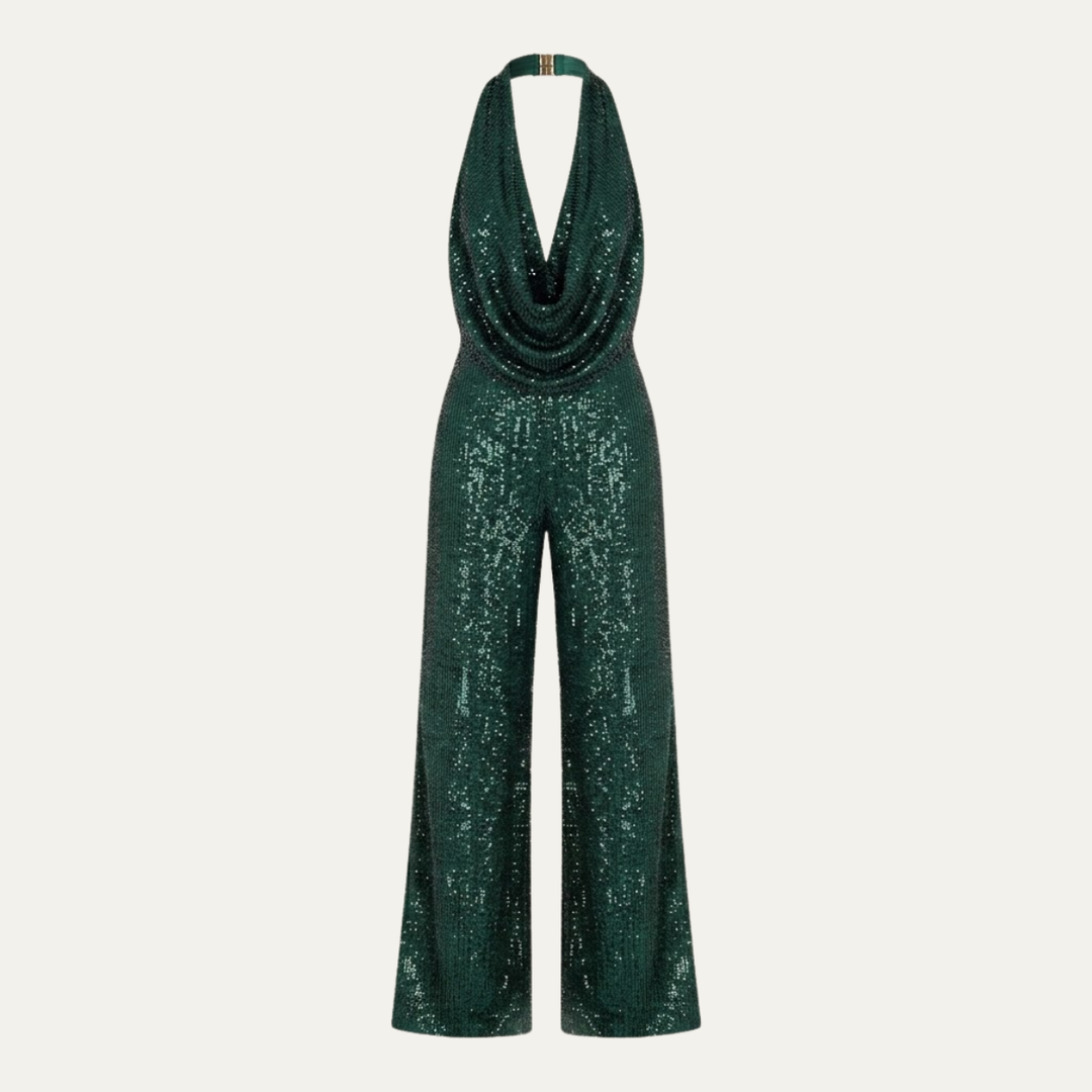 Women's Elegant Sequin Cowl Neck Wide Leg Jumpsuit