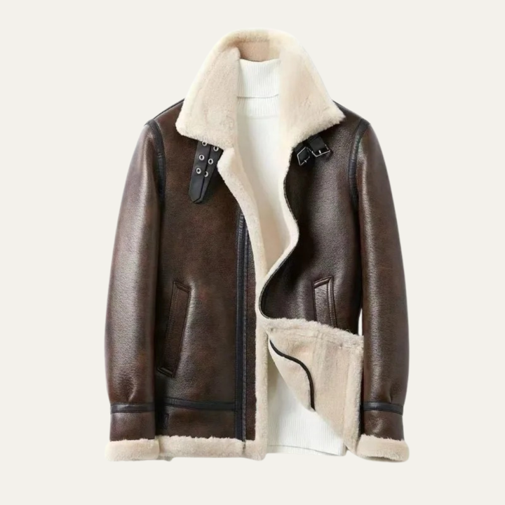 Men's Sherpa Lined Leather Jacket Black Cream Collar