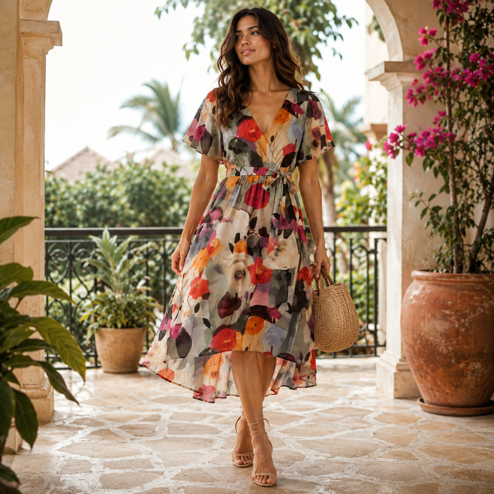 Floral V Neck Midi Dress