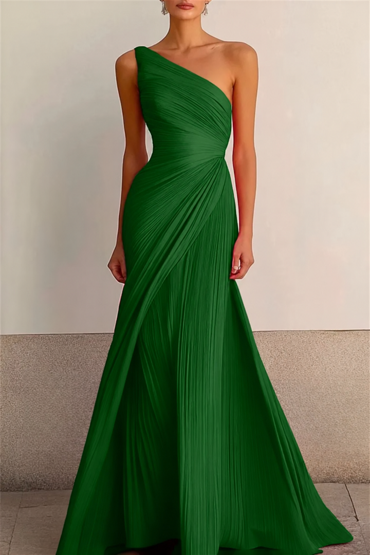 Women's One Shoulder Pleated Maxi Dress
