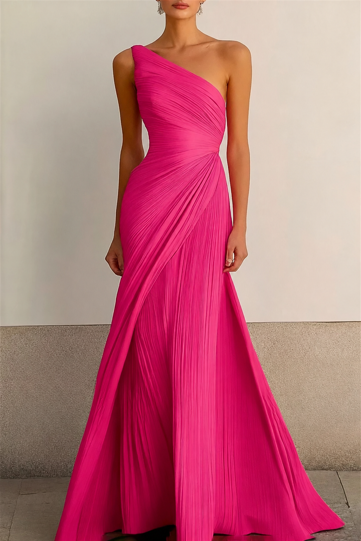 Women's One Shoulder Pleated Maxi Dress