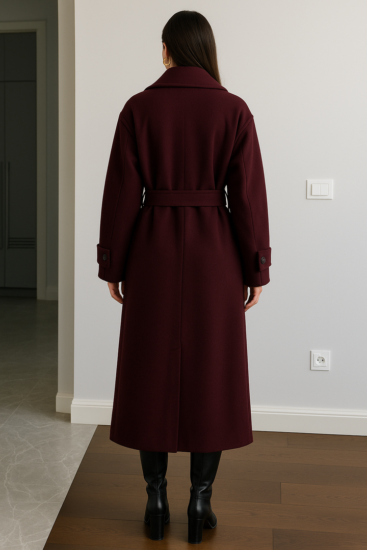 Women's Burgundy Long Wool Blend Trench Coat – Belted Double Breasted Winter Overcoat