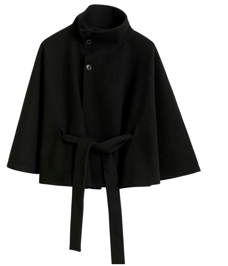 Women's Coat with Cape Sleeves, High Collar, and Belted Design