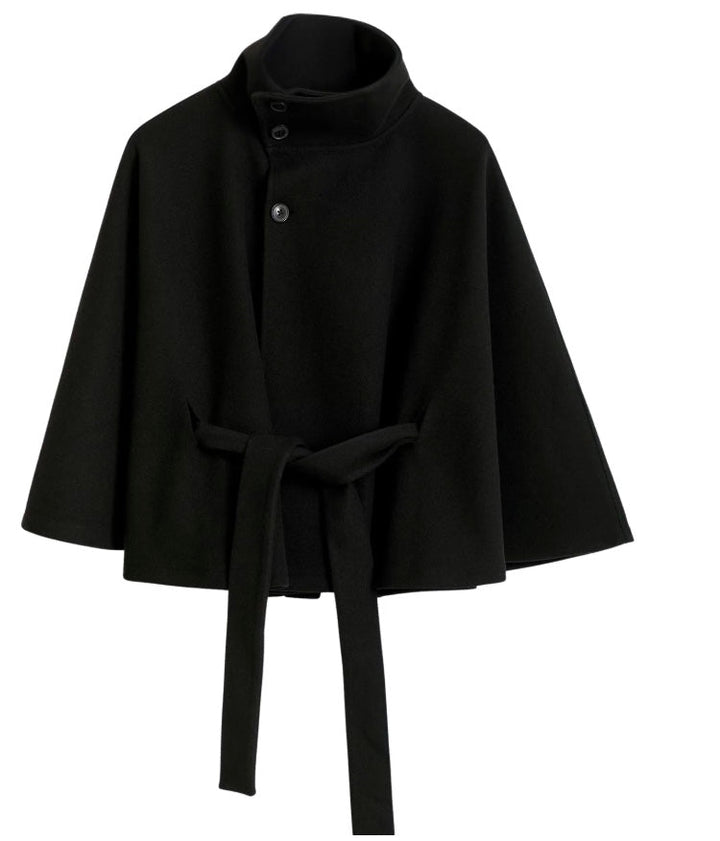 Women's Coat with Cape Sleeves, High Collar, and Belted Design