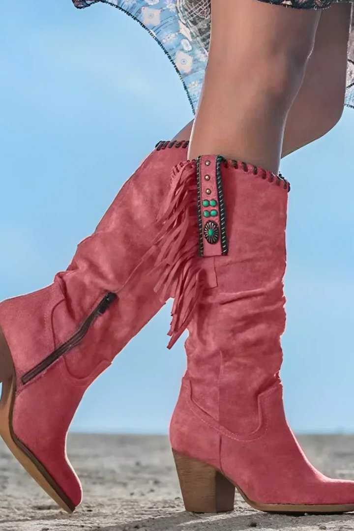 Women’s Faux Suede Western Boots – Slouchy Block Heel Cowboy Boots