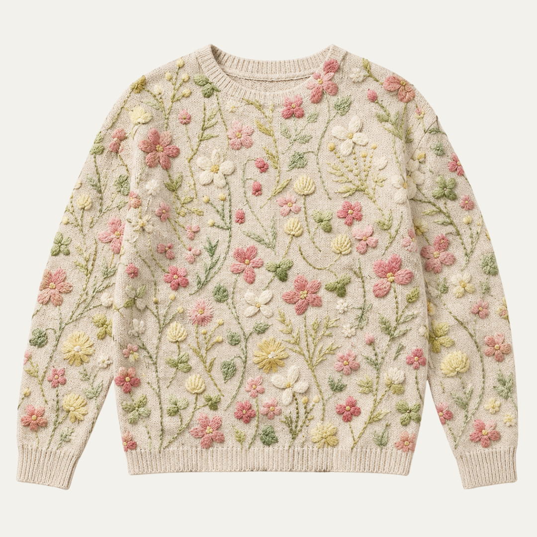 Women's Floral Embroidered Sweater with Crew Neck