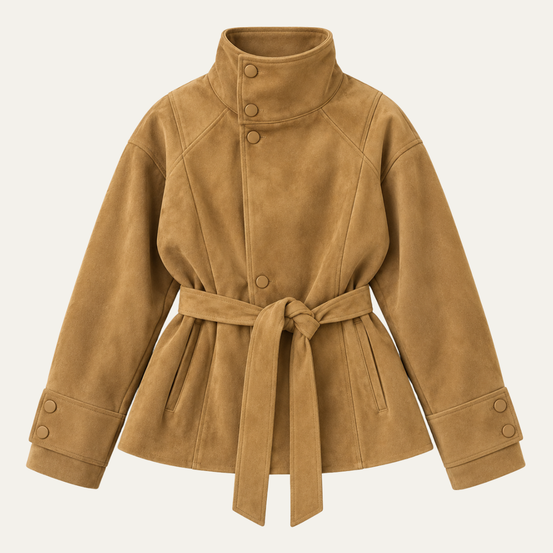 Women's Belted Suede High Collar Jacket — Khaki