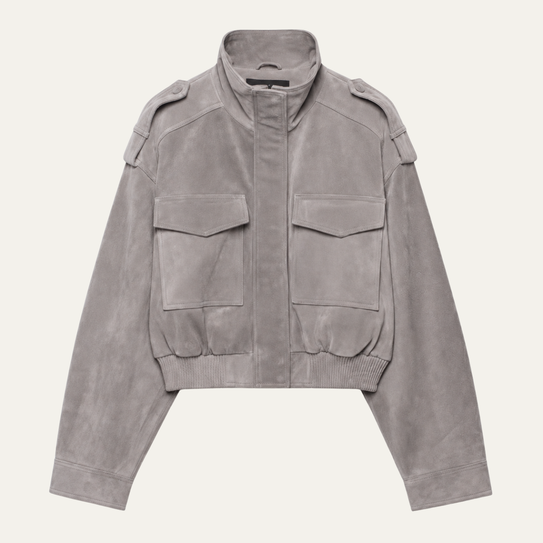 Women's Gray Suede Bomber, Short Length