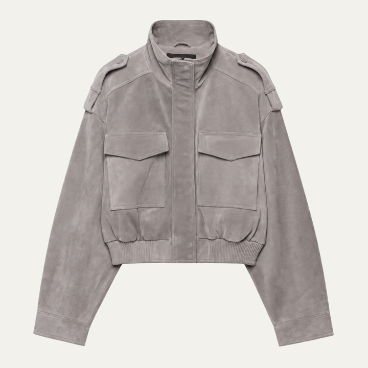 Women's Cropped Suede Bomber Jacket — Gray