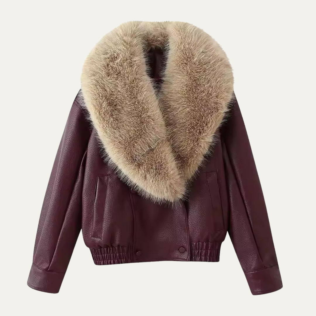 Women's Oversized Fur Collar Jacket — Wine Red