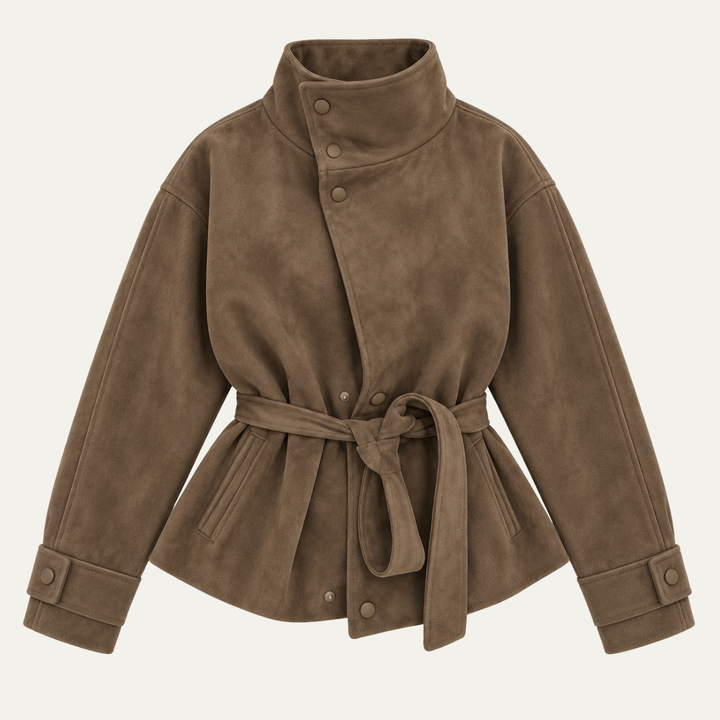 Women's Belted Suede High Collar Jacket — Brown