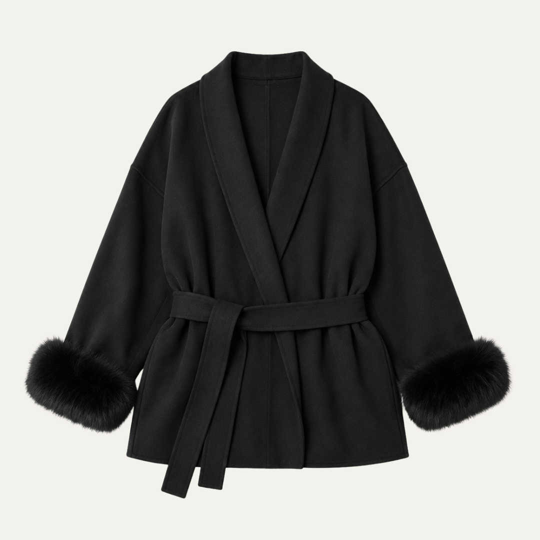 Women's Wool Blend Short Coat with Faux Fur Collar and Cuffs