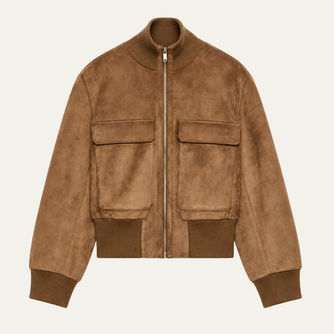 Women's Cropped Suede Bomber Jacket — Brown