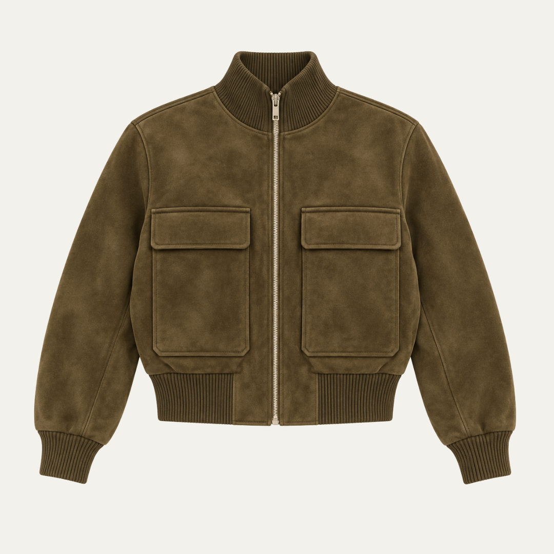 Women's Dark Brown Suede Bomber with Stand Collar