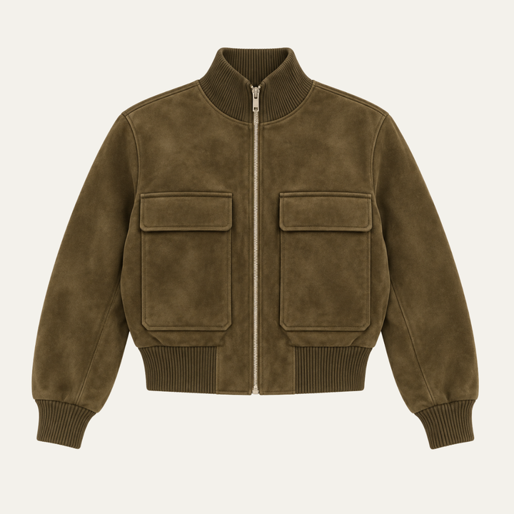 Women's Dark Brown Suede Bomber with Stand Collar