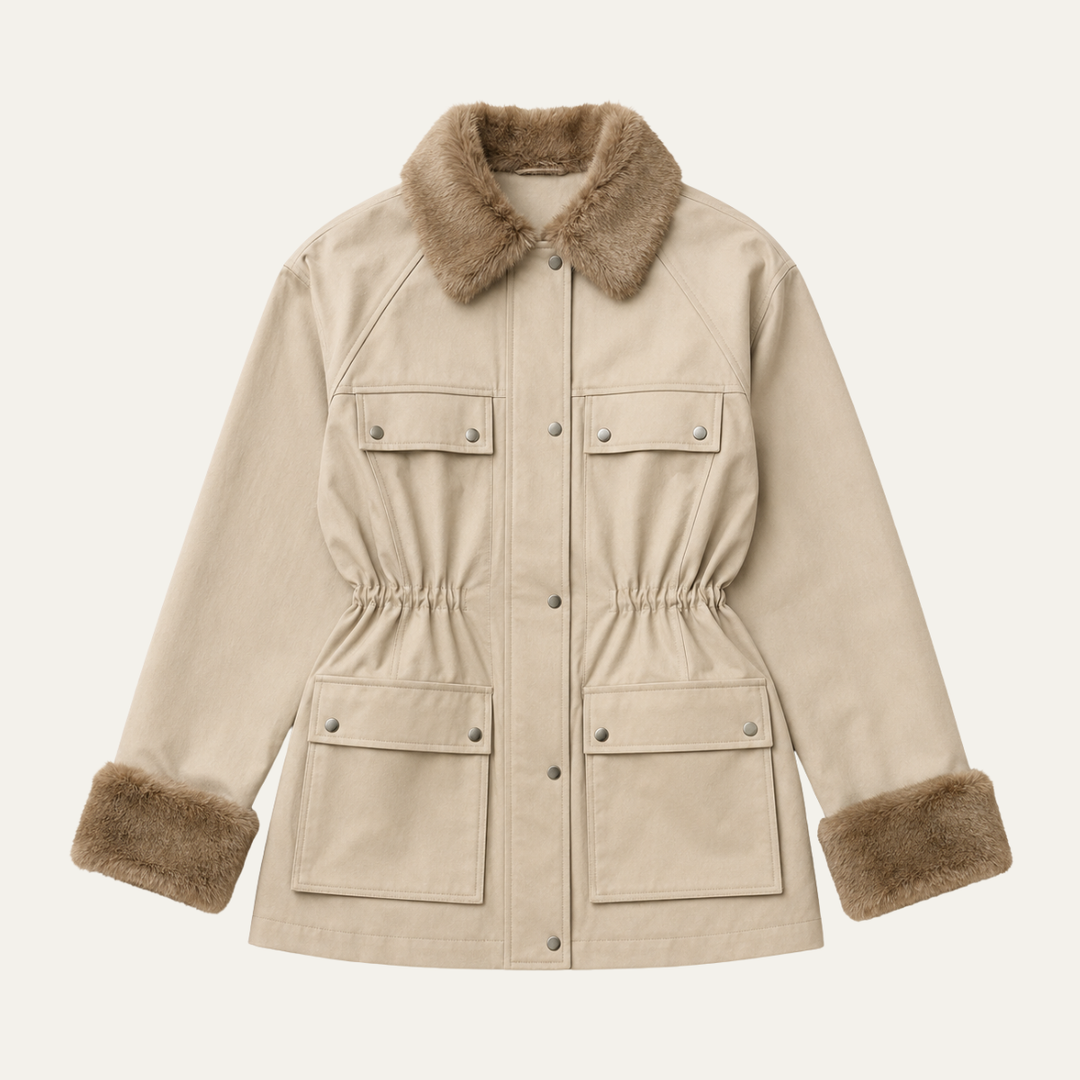 Women's Utility Drawstring Waist Jacket with Faux Fur Collar