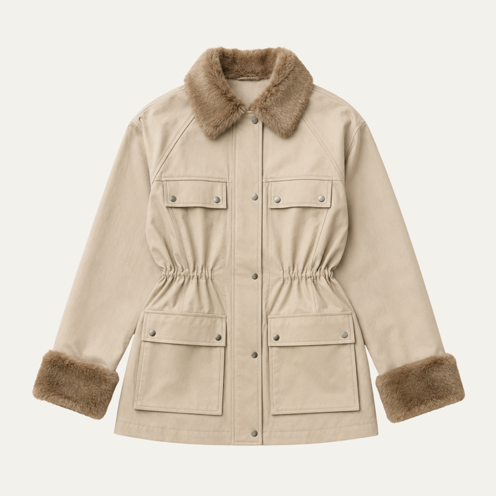 Women's Utility Drawstring Waist Jacket with Faux Fur Collar