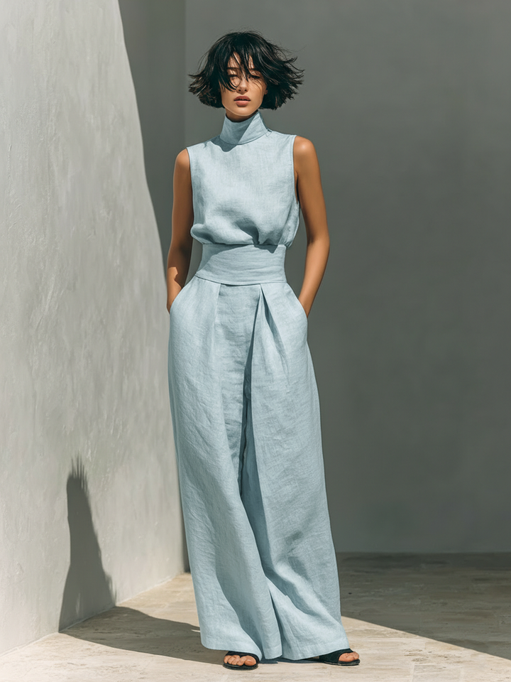Women's Chic Sleeveless Blouse and Wide Leg Trousers Set