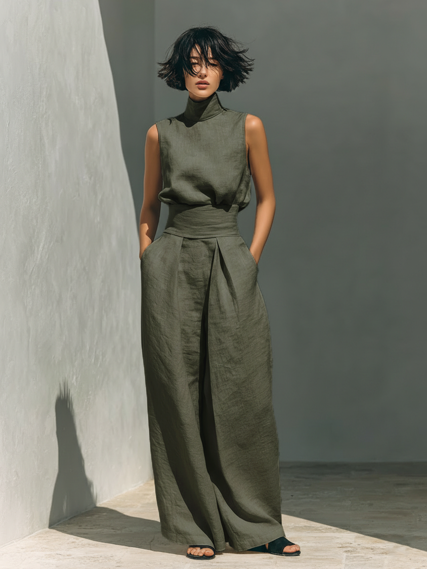 Women's Chic Sleeveless Blouse and Wide Leg Trousers Set