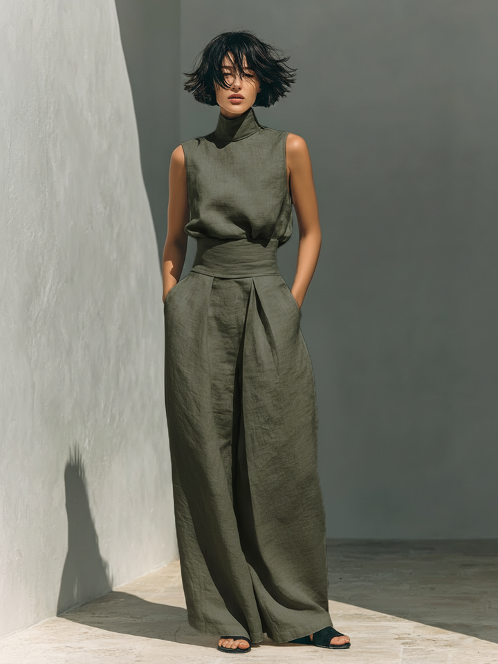 Women's Chic Sleeveless Blouse and Wide Leg Trousers Set