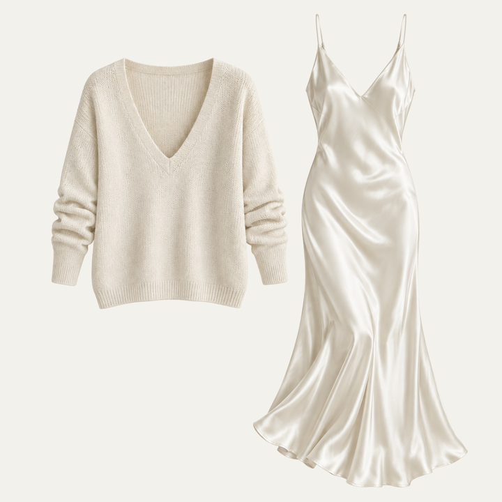 Women's Satin Slip Skirt and Knit Top Set