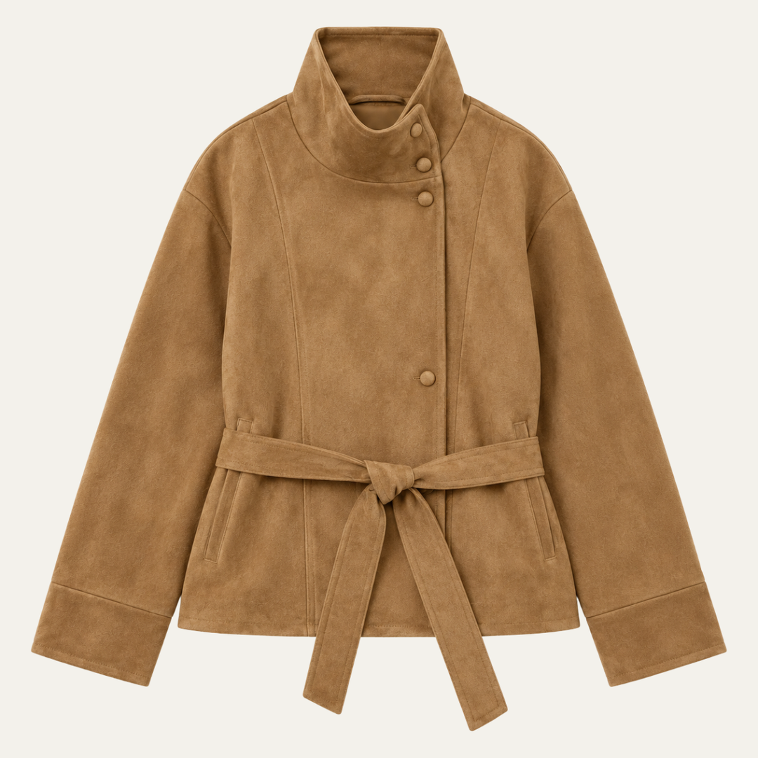 Women's Belted Faux Fur Jacket with High Neck