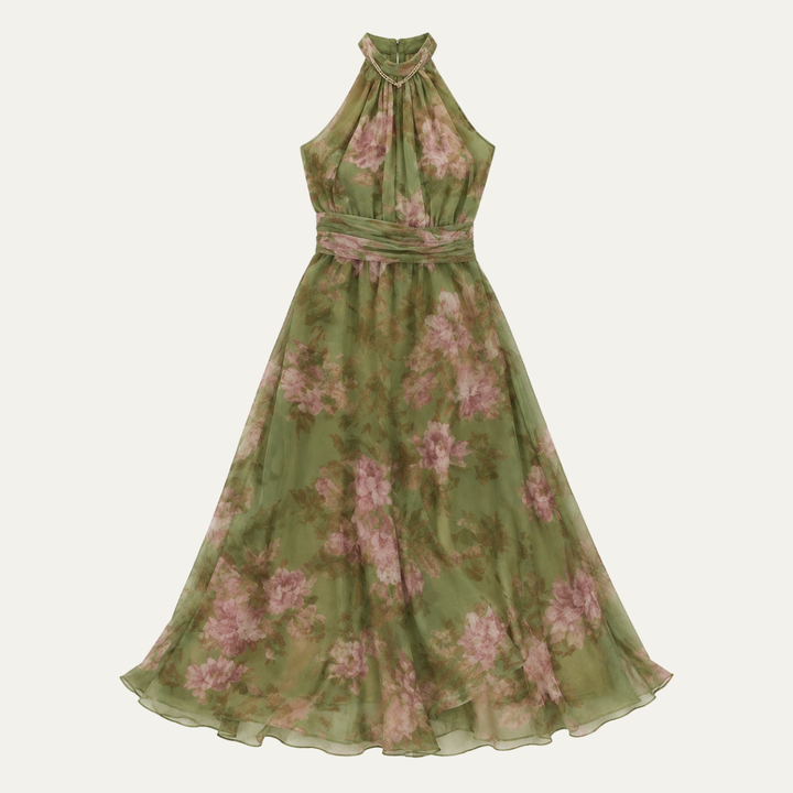Maxi Chiffon Dress with Halter Neck and Floral Print