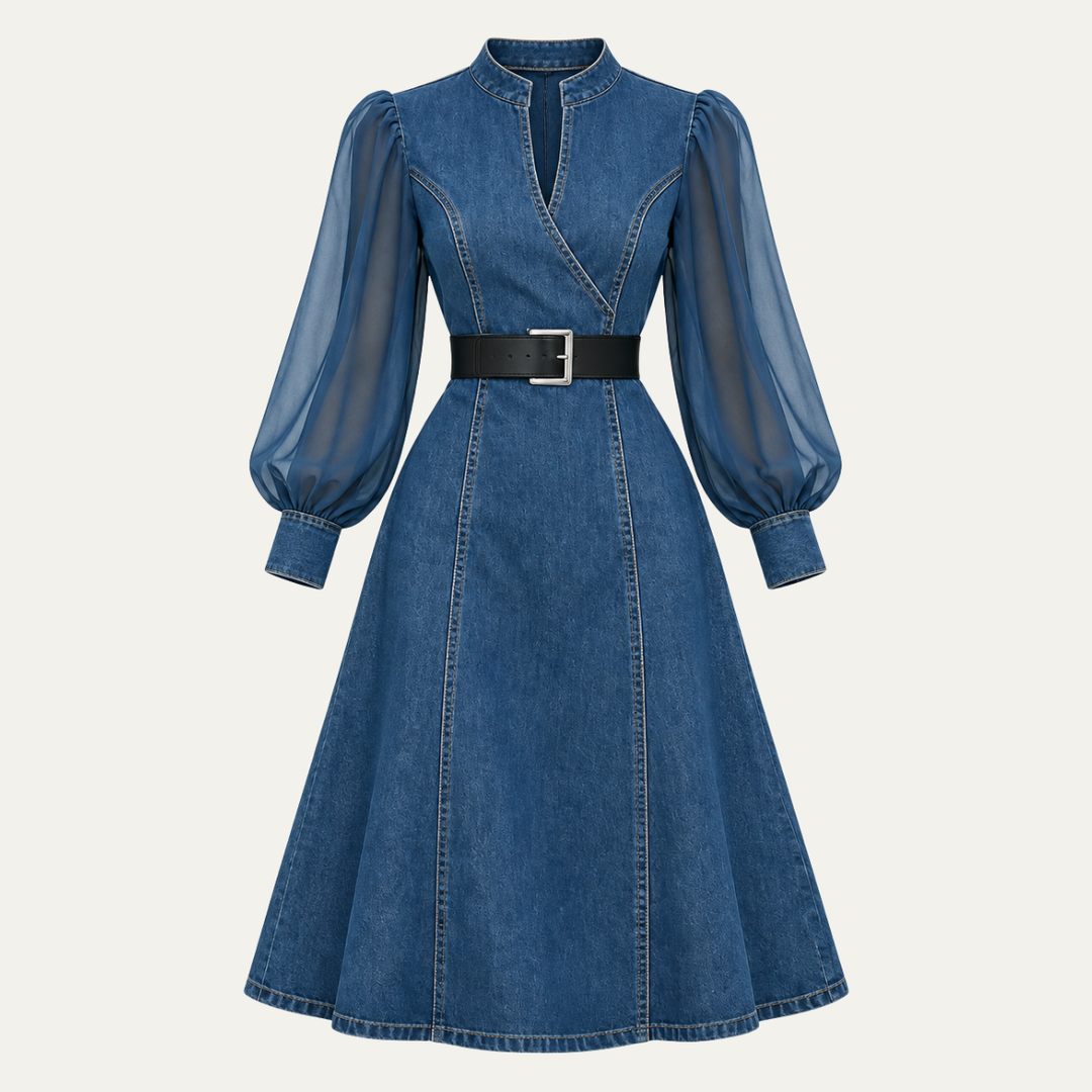 Women's Denim Midi Dress with Tulle Sleeves