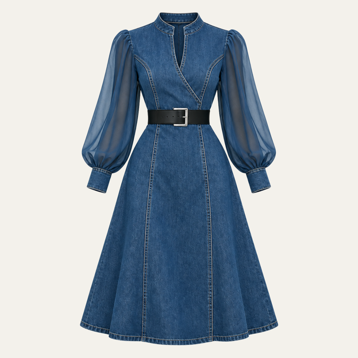 Women's Denim Midi Dress with Tulle Sleeves