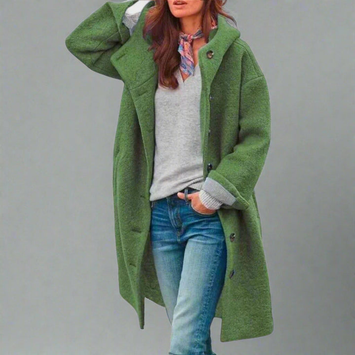 Women's Hooded Wool Coat – Casual Long Button Winter Jacket