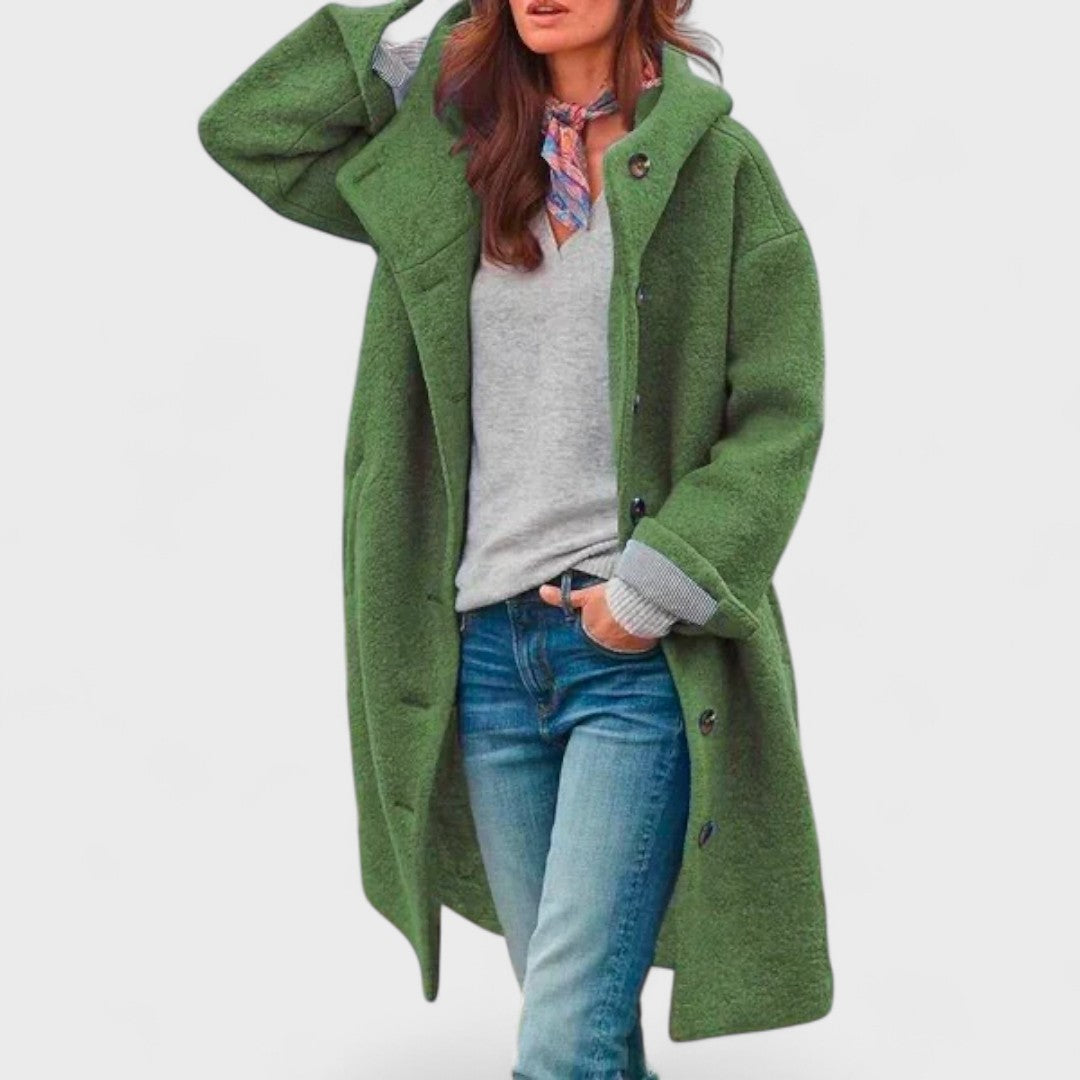 Women's Hooded Wool Coat – Casual Long Button Winter Jacket