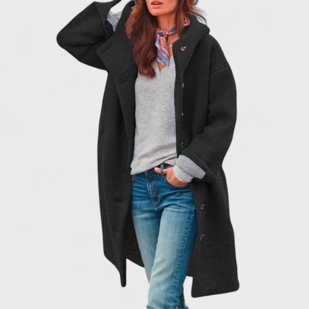 Women's Hooded Wool Coat – Casual Long Button Winter Jacket
