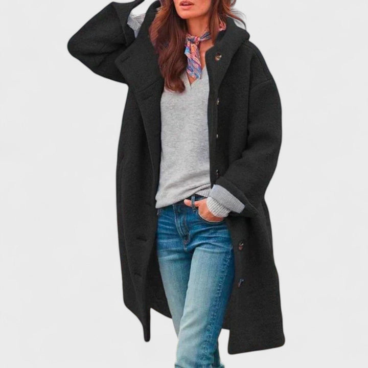 Women's Hooded Wool Coat – Casual Long Button Winter Jacket