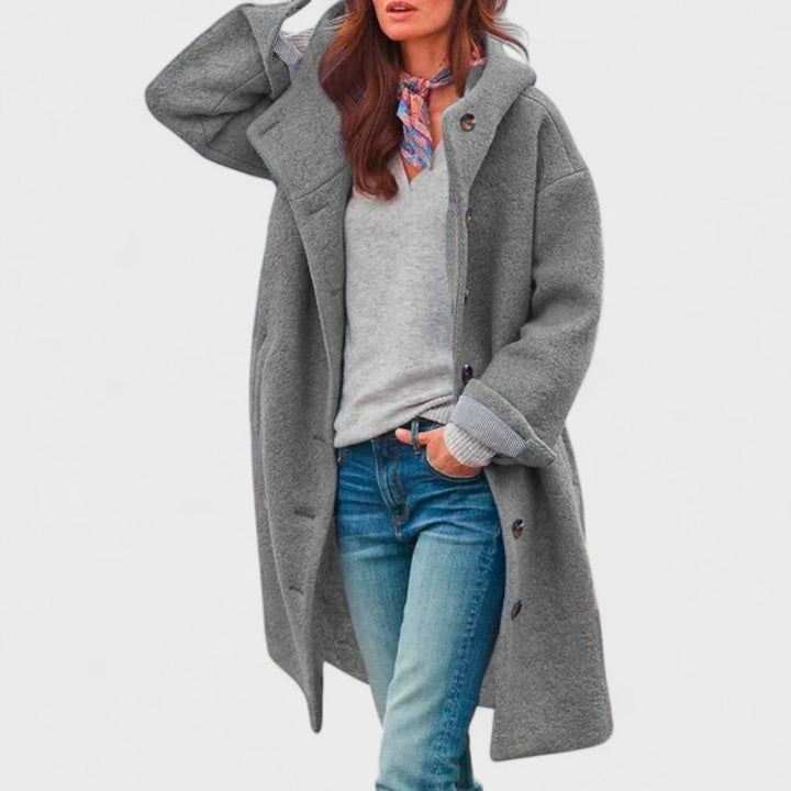 Women's Hooded Wool Coat – Casual Long Button Winter Jacket