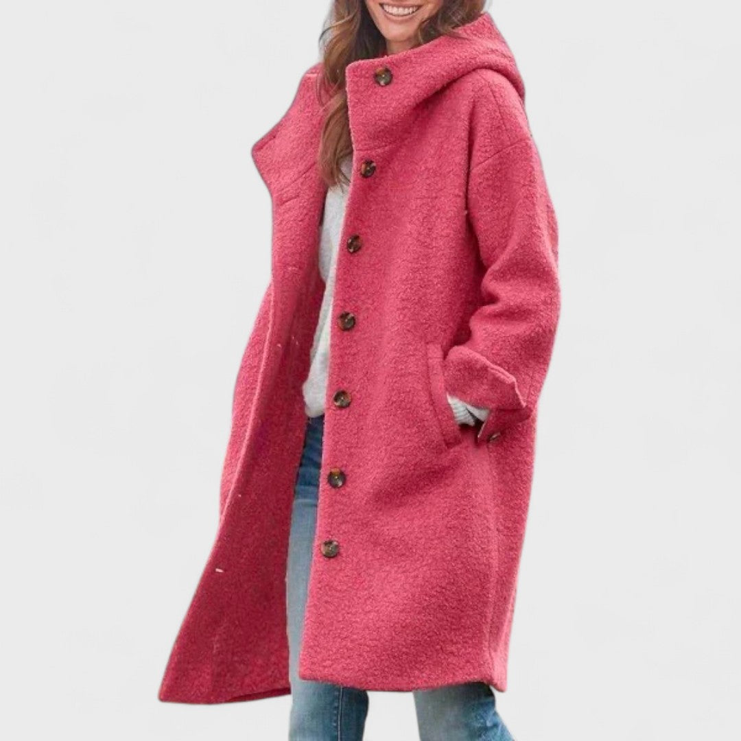 Women's Hooded Wool Coat – Casual Long Button Winter Jacket