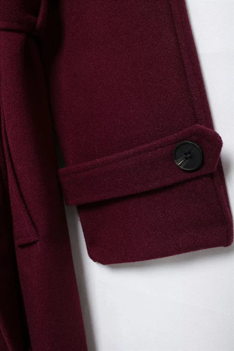 Women's Burgundy Long Wool Blend Trench Coat – Belted Double Breasted Winter Overcoat