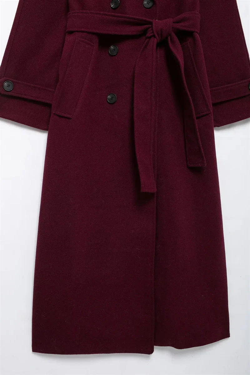Women's Burgundy Long Wool Blend Trench Coat – Belted Double Breasted Winter Overcoat