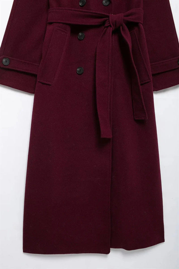 Women's Burgundy Long Wool Blend Trench Coat – Belted Double Breasted Winter Overcoat