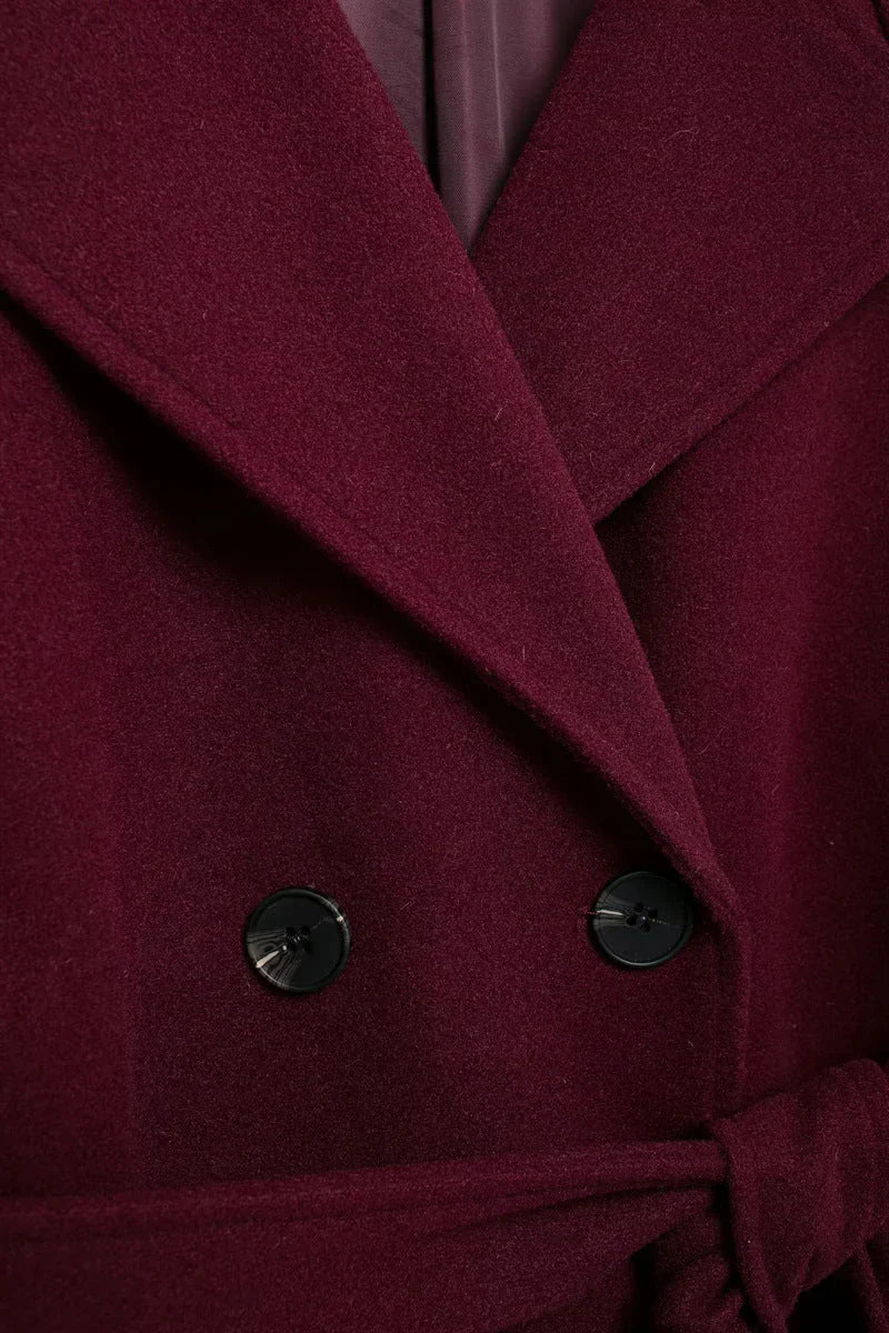 Women's Burgundy Long Wool Blend Trench Coat – Belted Double Breasted Winter Overcoat