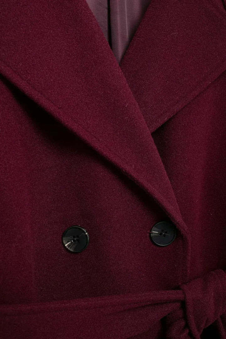 Women's Burgundy Long Wool Blend Trench Coat – Belted Double Breasted Winter Overcoat