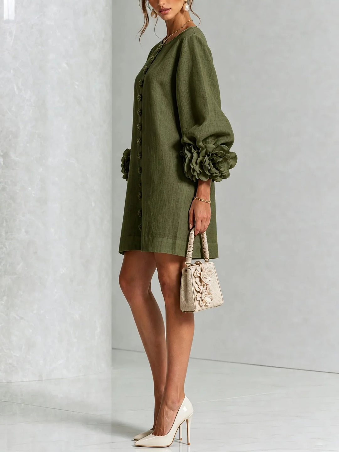 Women's Cotton Linen Mini Dress with Lantern Sleeves