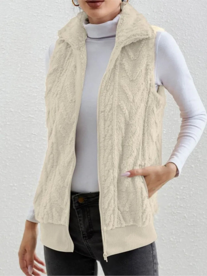 Women's Plush Zip Vest with Lapel Collar
