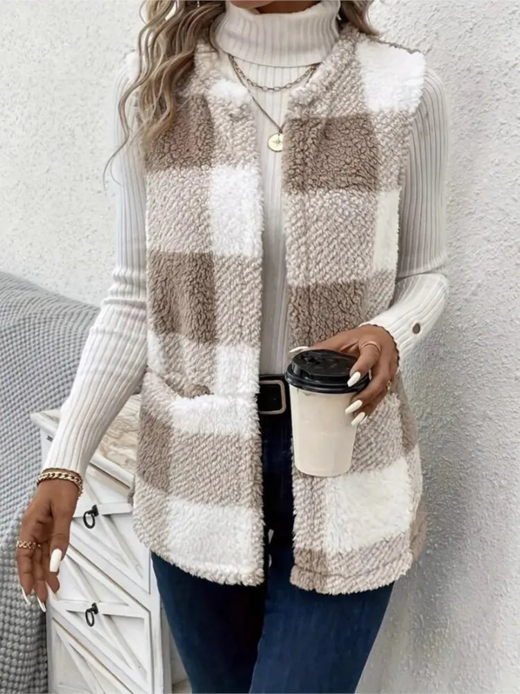 Women's Plush Checked Sleeveless Vest Cardigan
