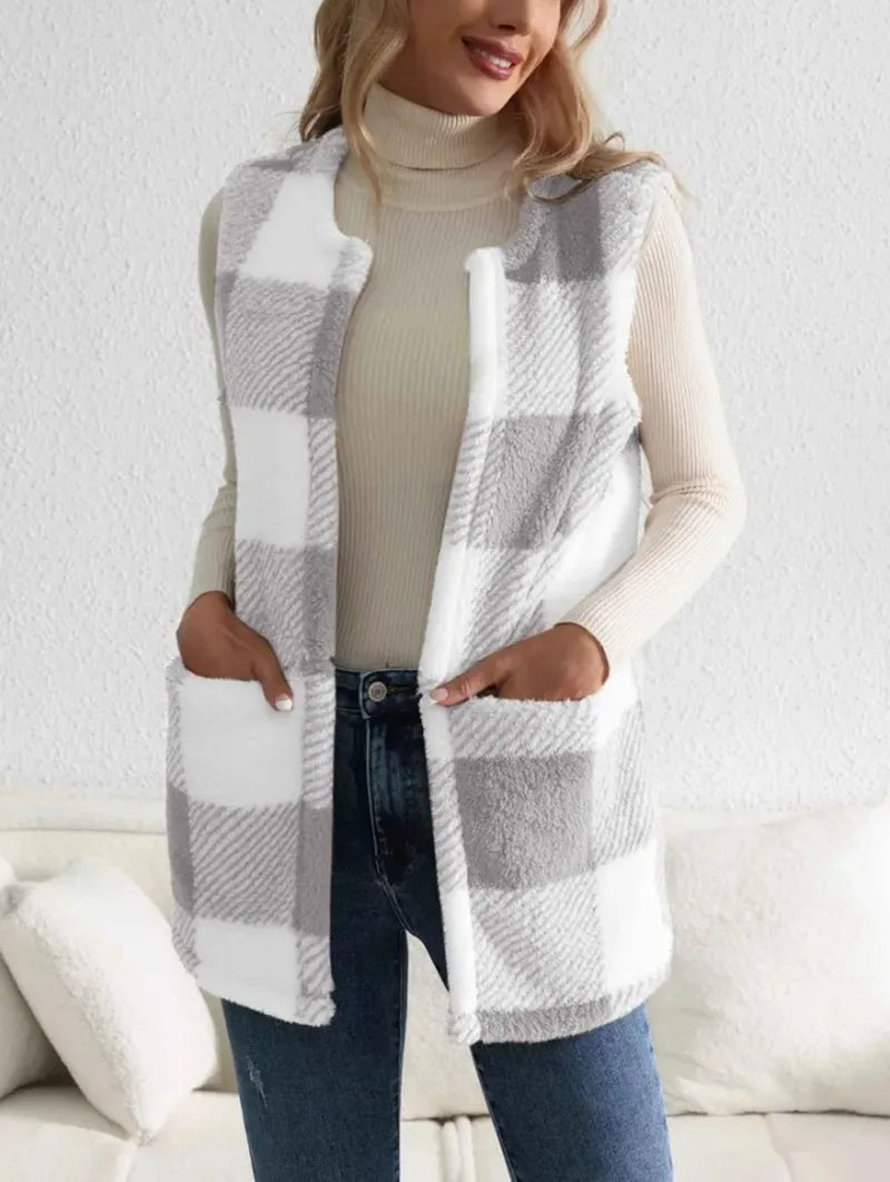 Women's Plush Checked Sleeveless Vest Cardigan