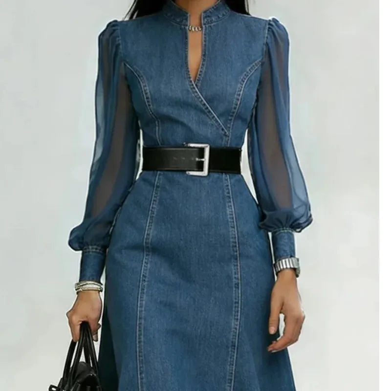 Women's Denim Midi Dress with Tulle Sleeves