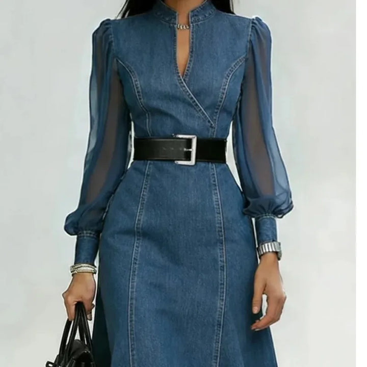 Women's Denim Midi Dress with Tulle Sleeves