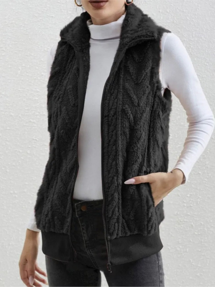 Women's Plush Zip Vest with Lapel Collar